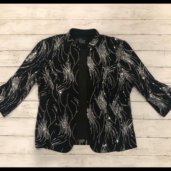 Alex Evenings Plus Size Sequin Mandarin Collar Neck 3/4 Sleeve Jacket Blazer - Picture 3 of 6